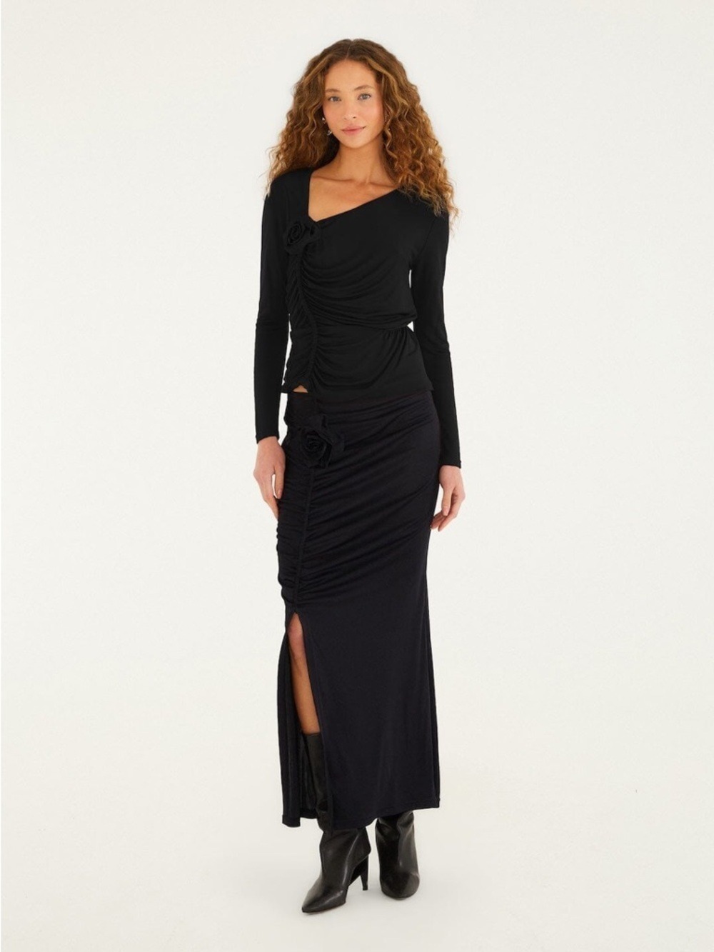 Farm Rio Black Flower Draped Side Slit Midi Skirt